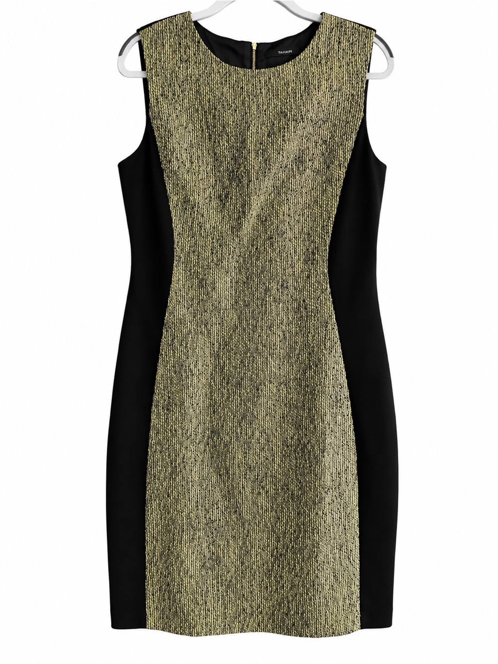 Tahari Black and Gold Textured Sleeveless Sheath Dress